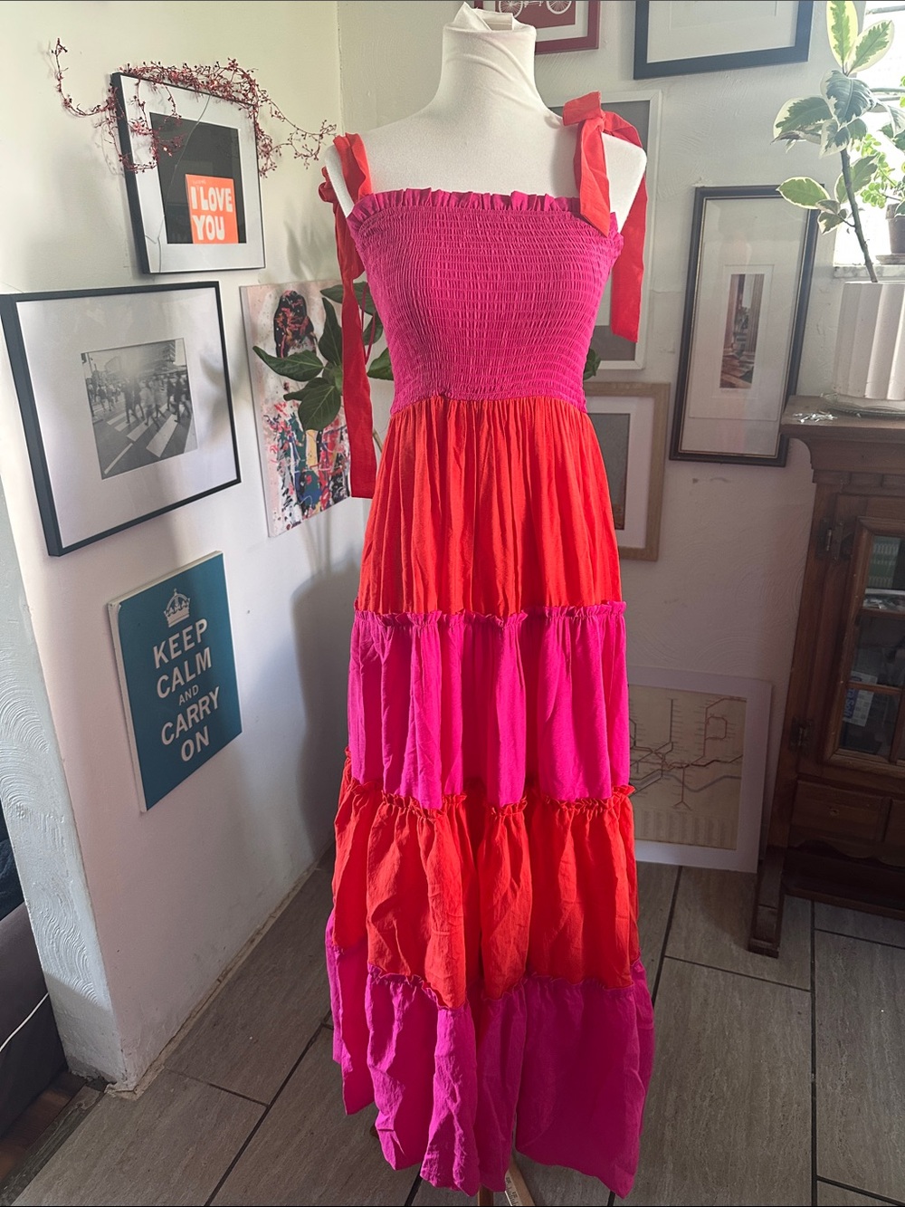 Koko + Mason Smocked Tie-Shoulder Maxi Dress in Bright Pink & Red Small NWT
